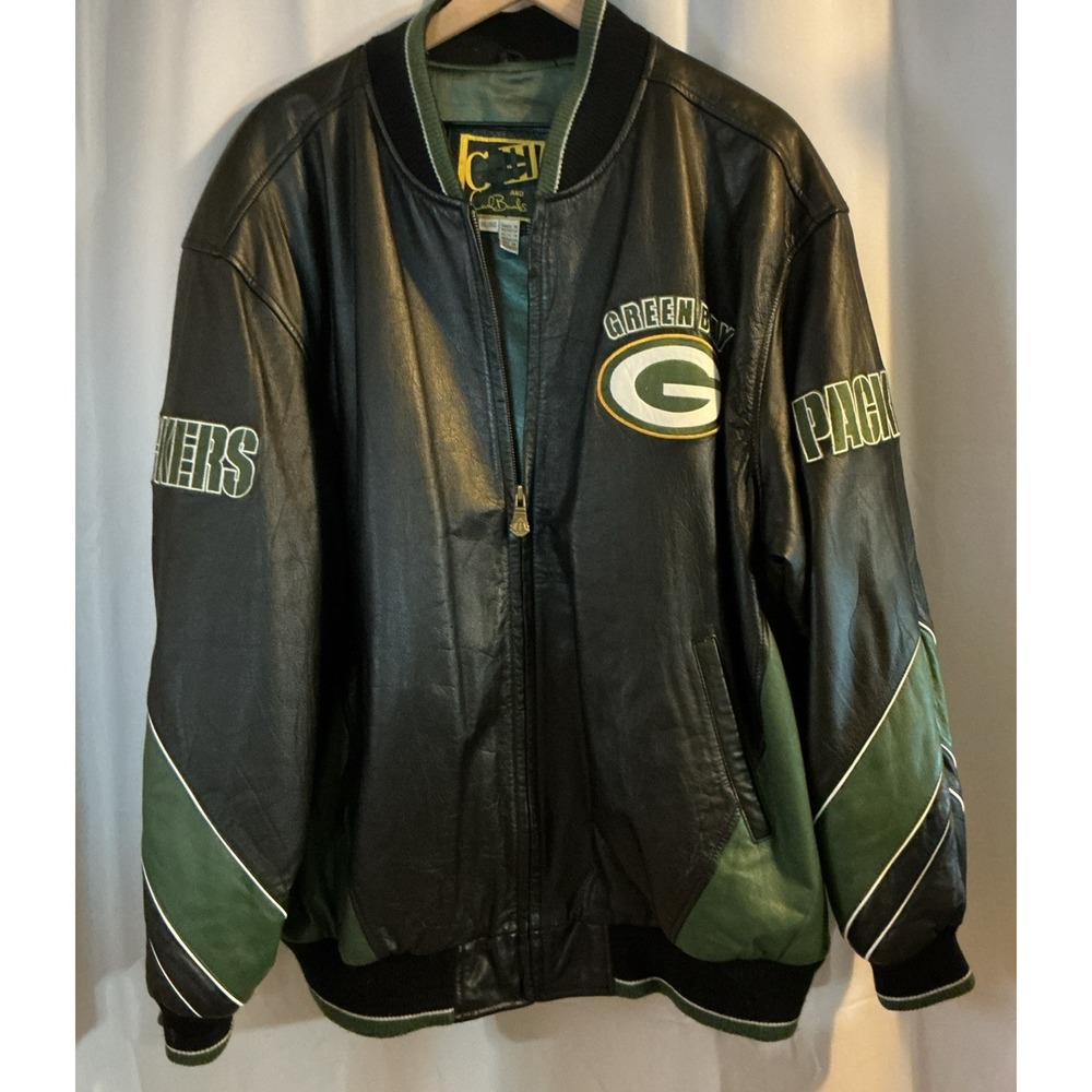 Vintage Green Bay Packers G-III Carl Banks Leather Jacket XXL Black Green Back G